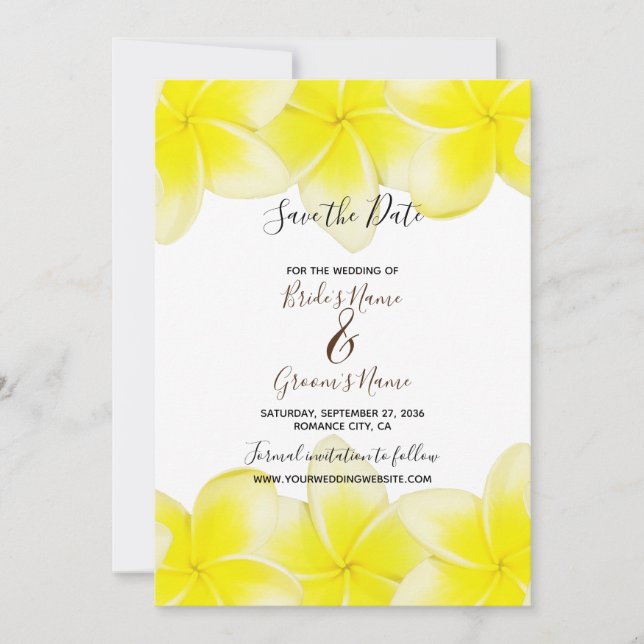 Save The Date Plumeria Jaune Frangipani Mariage Enregistrer La D (Devant)