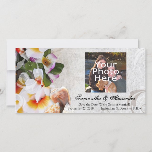Save The Date Plumeria Orchid Lei dans Sand Photocard (Devant)