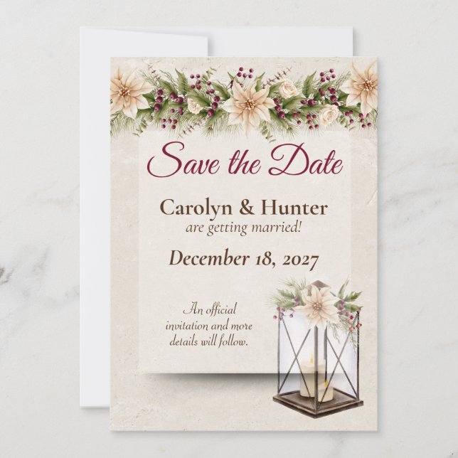Save The Date Poinsettia & Berries Mariage élégant (Devant)