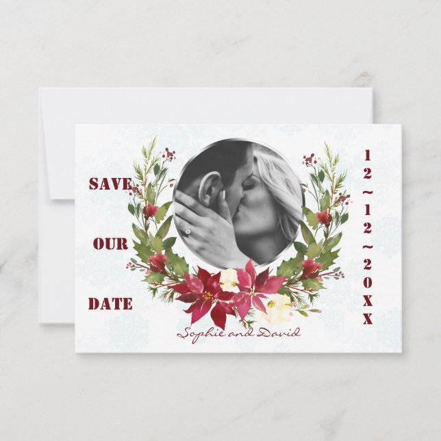 Save The Date Poinsettia Winter Wreath Wedding Enregistrer la da (Devant)