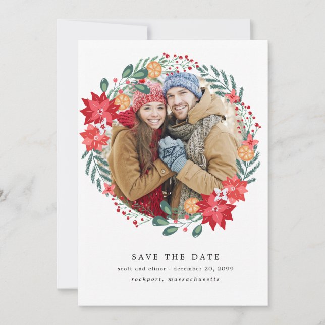 Save The Date Poinsettia Wreath Wedding Enregistrer la date (Devant)
