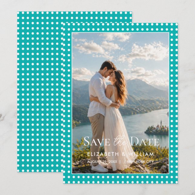Save The Date Points blancs sur sarcelle – Mariage personnalisé (Devant / Derrière)