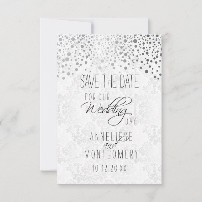 Save The Date Points Confetti Argent Élégants | Texture blanche (Devant)