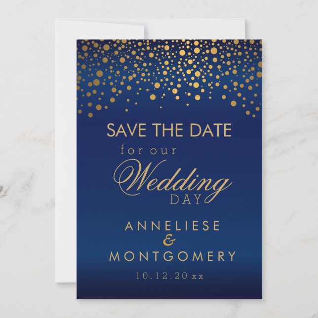 Save The Date Points Confetti Or Stylish sur Marine Blue Satin (Devant)