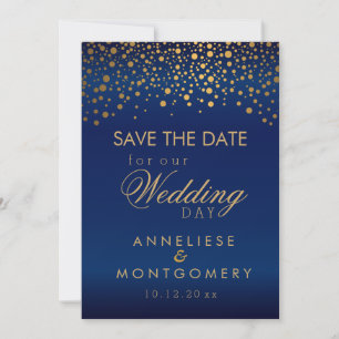 Save The Date Points Confetti Or Stylish sur Marine Blue Satin