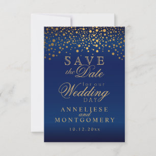 Save The Date Points de confettis dorés élégants Satin bleu ma