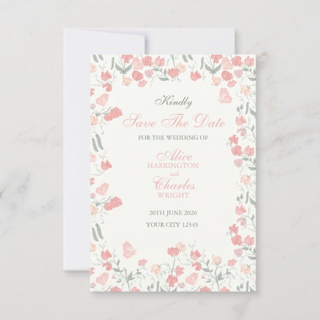 Save The Date Pois sucré Floral rose et crème (Devant)