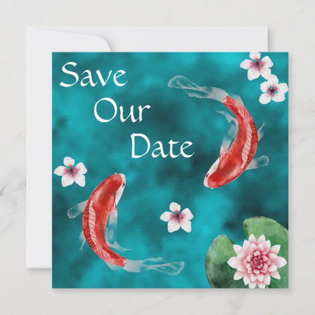 Save The Date Poisson Koi Japonais, Fleurs De Cerisiers Mariage  (Devant)
