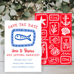 Save The Date Poisson mignon Main Tirée Doux Rouge Bleu personna