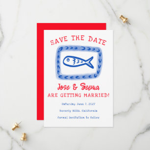 Save The Date Poisson mignon Main Tirée Doux Rouge Bleu personna