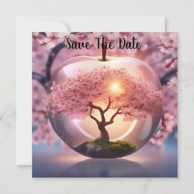 Save The Date Pomme Translucide Rose Avec Scène Pommier, (Devant)