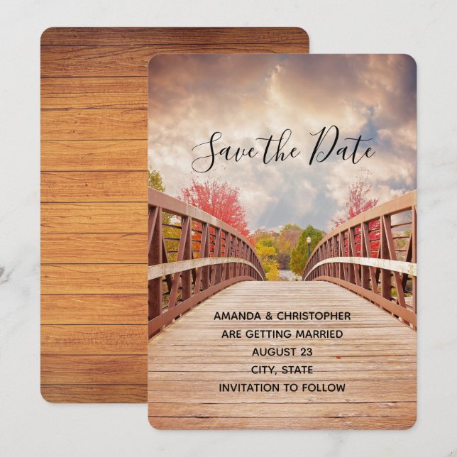 Save The Date Pont rustique en bois dans le Mariage campagnard (Devant / Derrière)