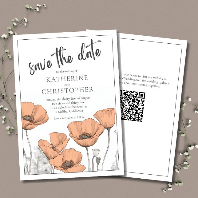 Save The Date Poppies de Pêche Élégantes modernes Mariage Floral (Elegant Wedding Save the Date announcement with Peach Poppies and QR Code for the wedding website.)