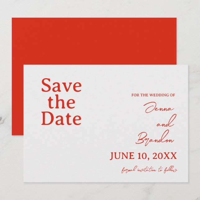 Save The Date Poppy Red & Off White Mariage moderne (Devant / Derrière)