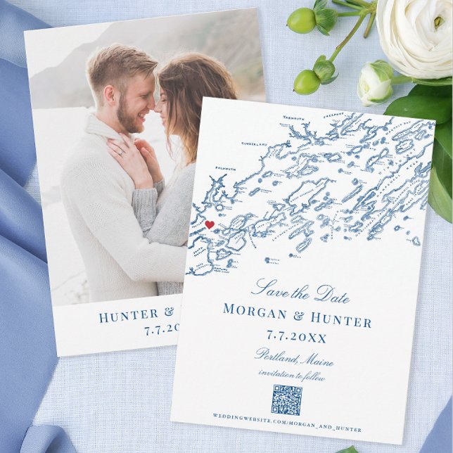 Save The Date Portland Maine Casco Bay Code QR élégant (Portland Maine map Save the Dates with QR code for your Casco Bay destination wedding website.)