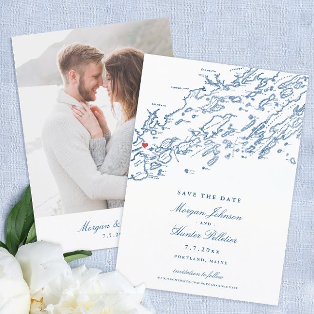 Save The Date Portland Maine Map Mariage élégant (Elegant Portland Maine Wedding Save the Dates with navy blue Casco Bay map and photo on the back)