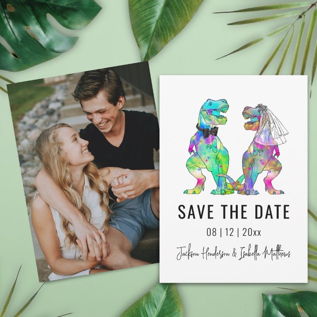 Save The Date Portrait de mariage sur le thème des dinosaures dr (Funny T-Rex bride and groom dinosaur wedding save the date portrait photo card Colorful watercolor )