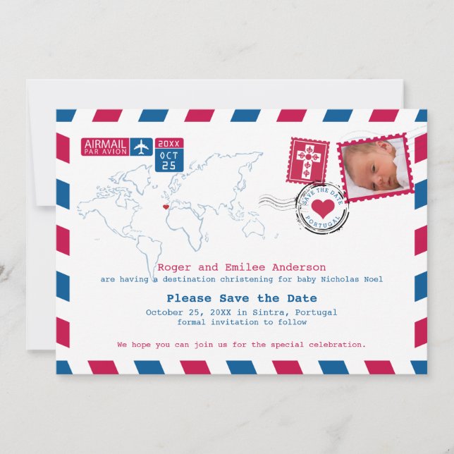 Save The Date Portugal Red Blue Airmail Photo Baptême (Devant)