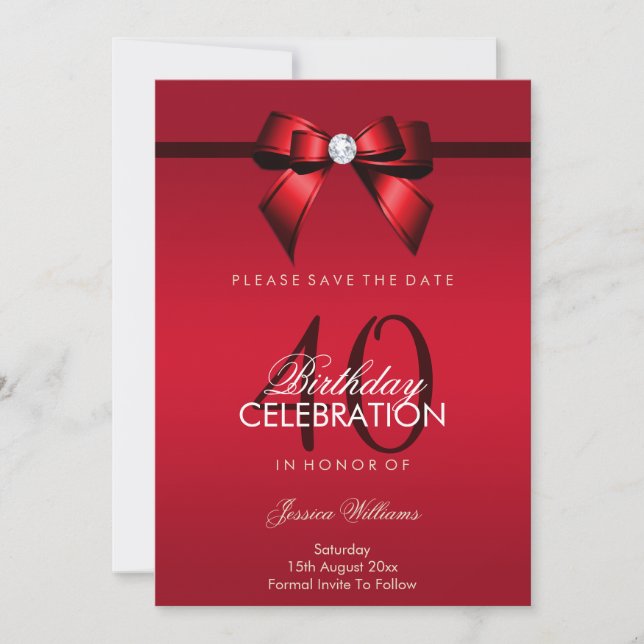 Save The Date Posh Gem Bow & Ribbon 40e anniversaire (Devant)