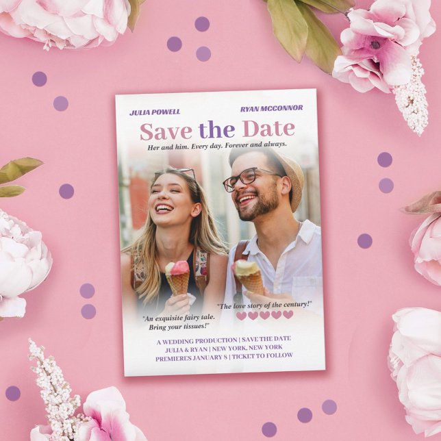 Save The Date Poster Romcom Puce & Lavender Photo Enregistrer la (Créateur téléchargé)