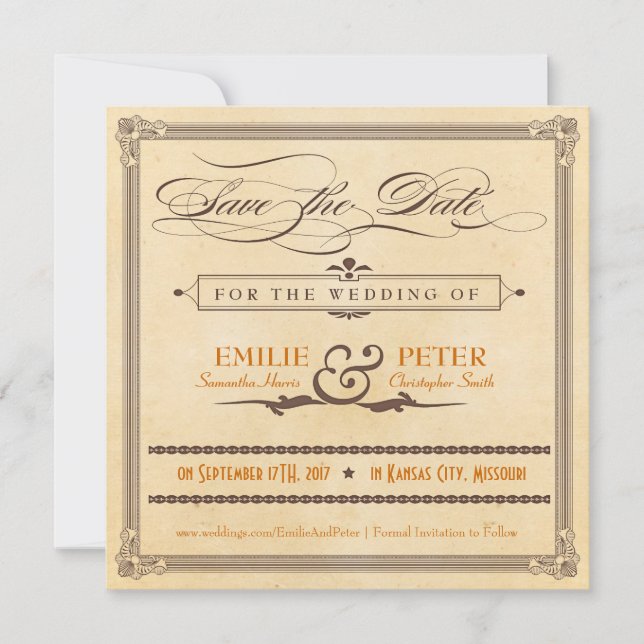 Save The Date Poster vintage Orange & Brown Enregistrer la date (Devant)