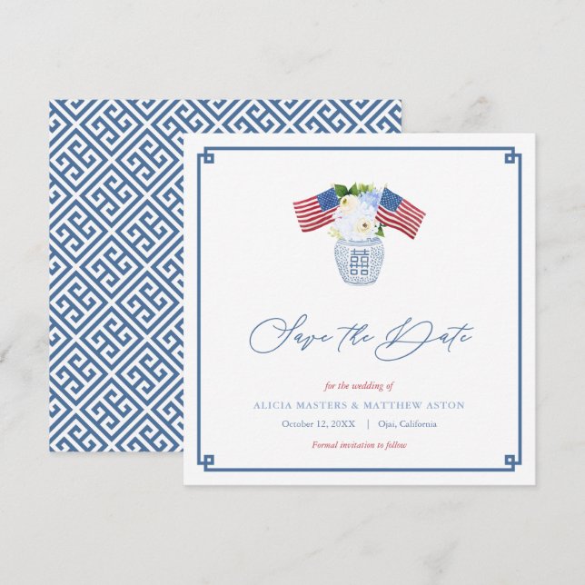 Save The Date Pot à gingembre de mariage drapeau américain bleu  (Devant / Derrière)
