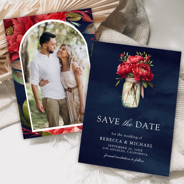 Save The Date Pot de fleurs Pivoine Rouge en Bocal Mason Bleu Ma (Créateur téléchargé)