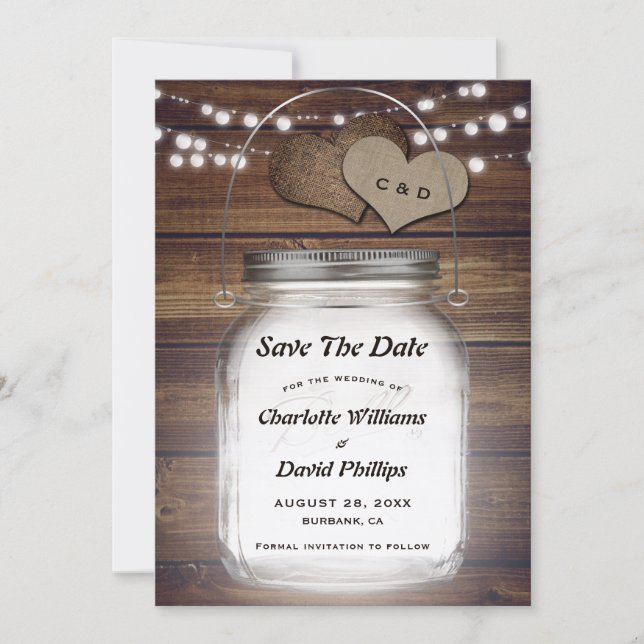 Save The Date Pot de Mason Rustique Campagne Bois Toile de Jute  (Devant)