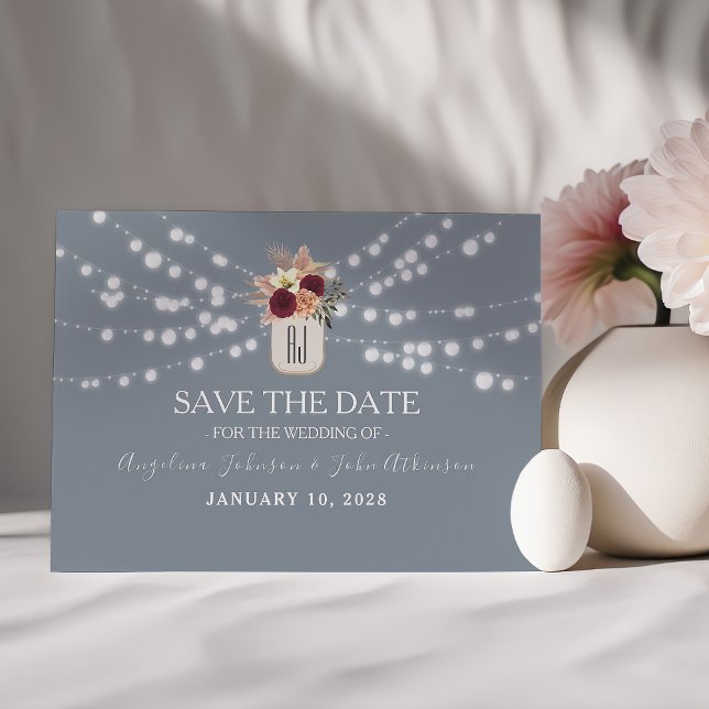 Save The Date Pot en verre rustique bleu poussiéreux pour annonc (Créateur téléchargé)
