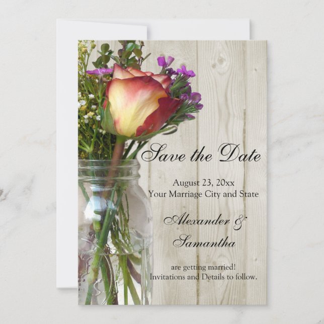 Save The Date Pot Mason avec Rose/Fleurs Sauvages Enregistrez la (Devant)