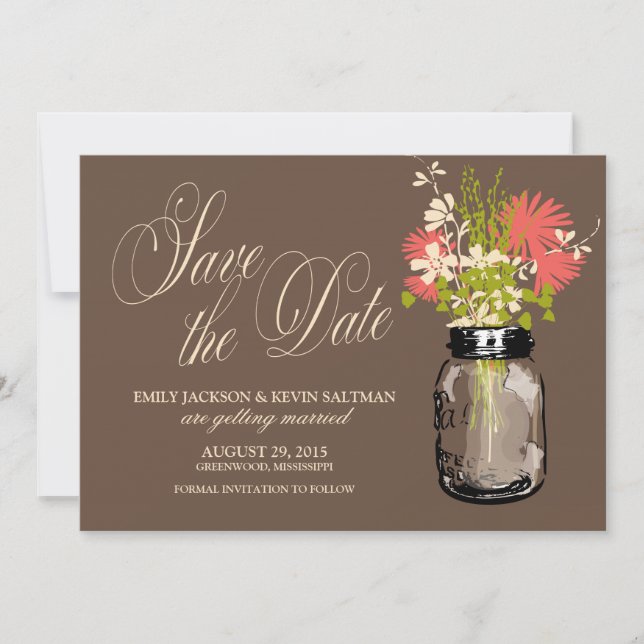 Save The Date Pot Mason et Fleurs Sauvages Date à Sauvegarder (Devant)