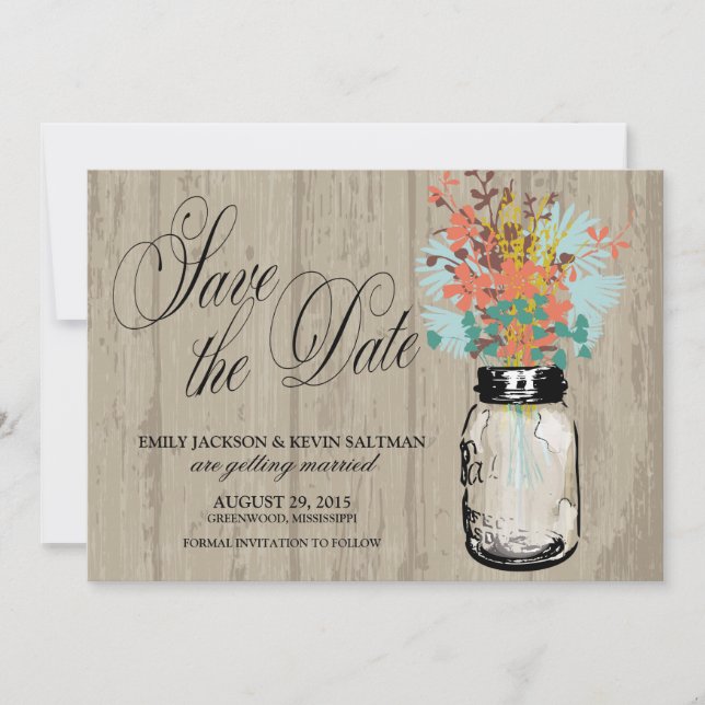 Save The Date Pot Mason et Fleurs Sauvages Date à Sauvegarder (Devant)