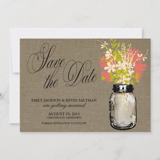Save The Date Pot Mason et Fleurs Sauvages Enregistrez la Date (Devant)