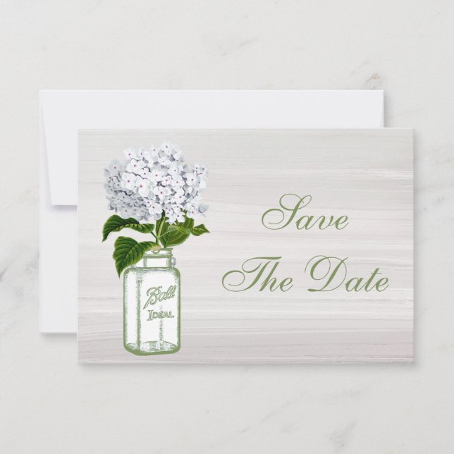 Save The Date Pot Mason & Hydrangea Blanche Annonce de Mariage " (Devant)