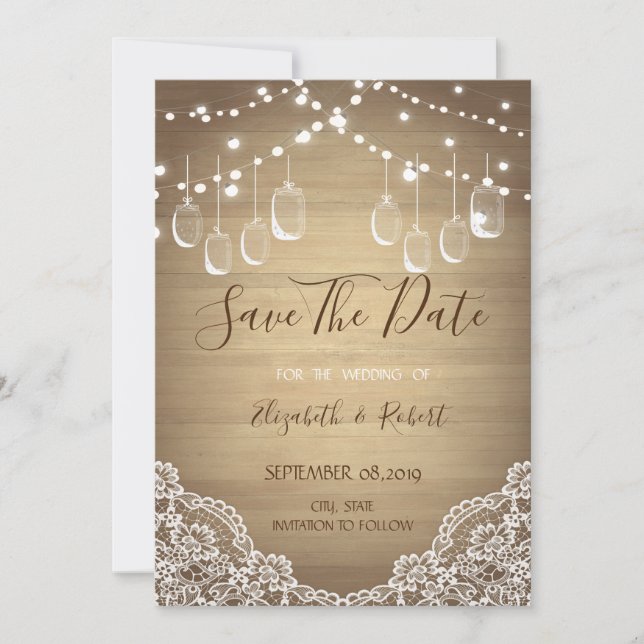 Save The Date Pot Mason Rustique,Guirlandes de Lumieres, Dentell (Devant)