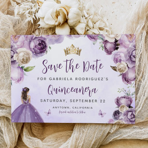 Save The Date Pourpre Ivoire Or Floral Aquarelle Quinceañera