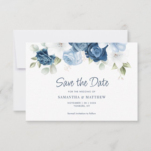 Save The Date Poussière botanique bleue florale de verdure (Devant)