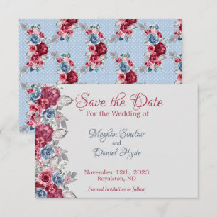Save The Date Poussiéreux Bleu et Bourgogne Profond Floral Sauve
