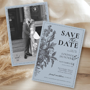 Save The Date Poussiéreux Fleur Bleu Noir Photo Mariage Bohème V