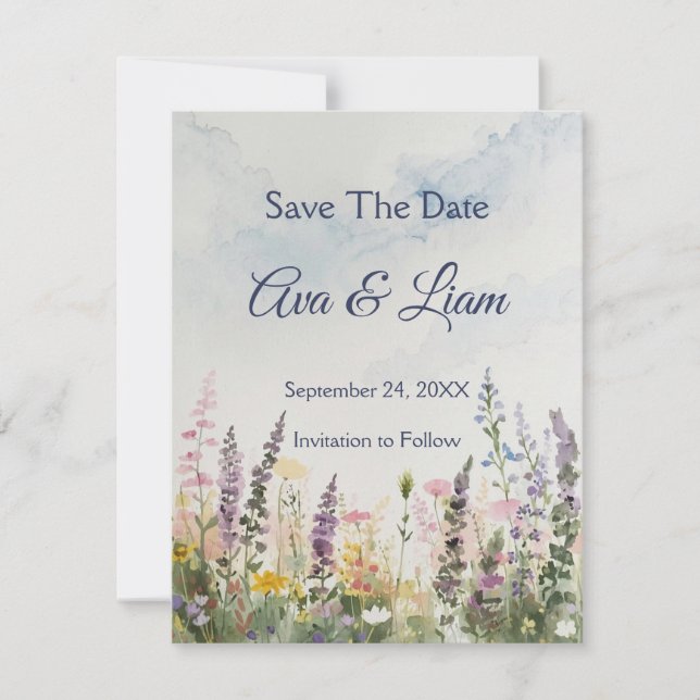 Save The Date Prairie Rustique de Fleurs Sauvages | Aquarelle Bo (Devant)