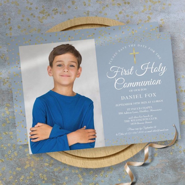 Save The Date Première communion poussière bleue or poussière ph (First Holy Communion Dusty Blue Gold Dust Photo Save The Date)