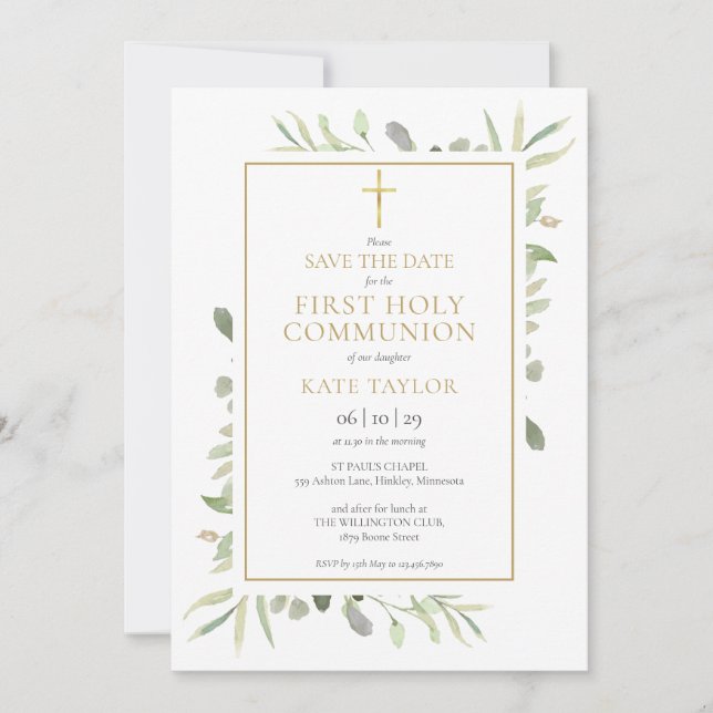 Save The Date Première Sainte Communion Aquarelle Feuillage (Devant)
