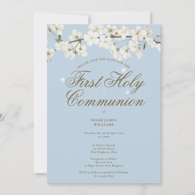 Save The Date Première Sainte Communion Bleu Floral Bleu (Devant)