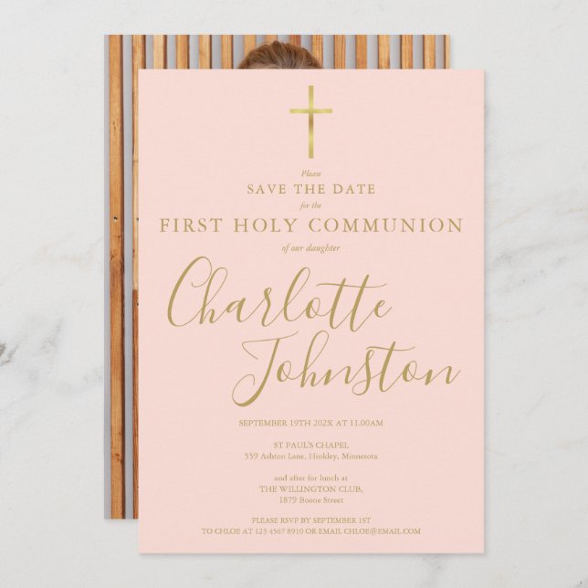 Save The Date Première Sainte Communion Blush Pink Gold Script P (Devant / Derrière)
