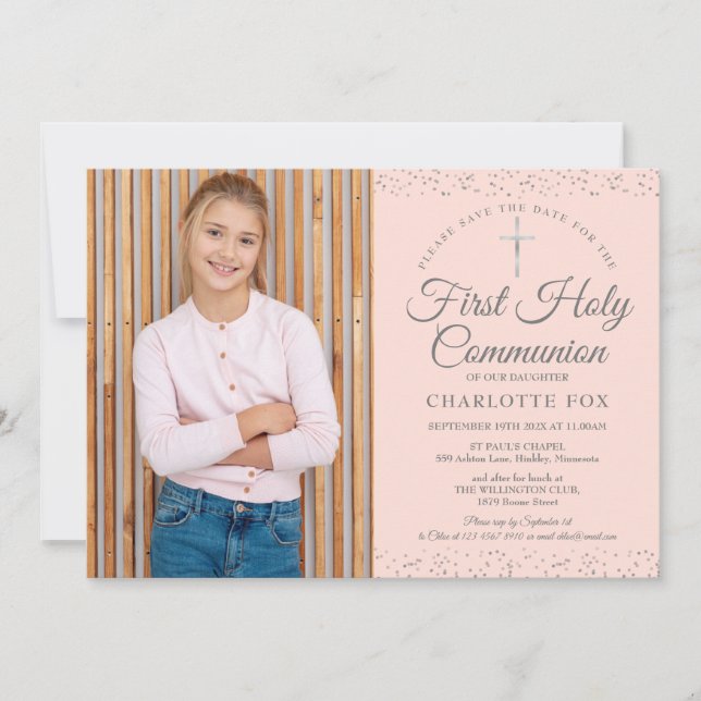 Save The Date Première Sainte Communion Blush Rose Poussière d'É (Devant)