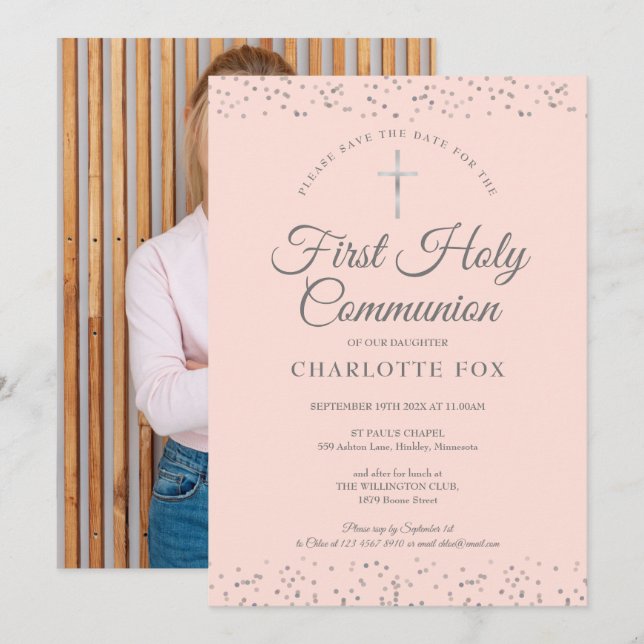 Save The Date Première Sainte Communion Blush Rose Poussière d'É (Devant / Derrière)