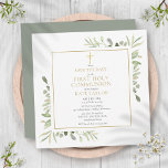 Save The Date Première Sainte Communion Carré de verdure Sauvez<br><div class="desc">Doté de délicats feuilles de verdure aquarelle et d'un élégant crucifix en or,  cette invitation chic et neutre de la première sainte communion sauve la date peut être personnalisée avec vos informations spéciales,  avec un arrière - plan vert sage au verso. Conçu par Thisisnotme©</div>
