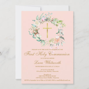 Save The Date Première Sainte Communion Croix d'Or Florale Rose