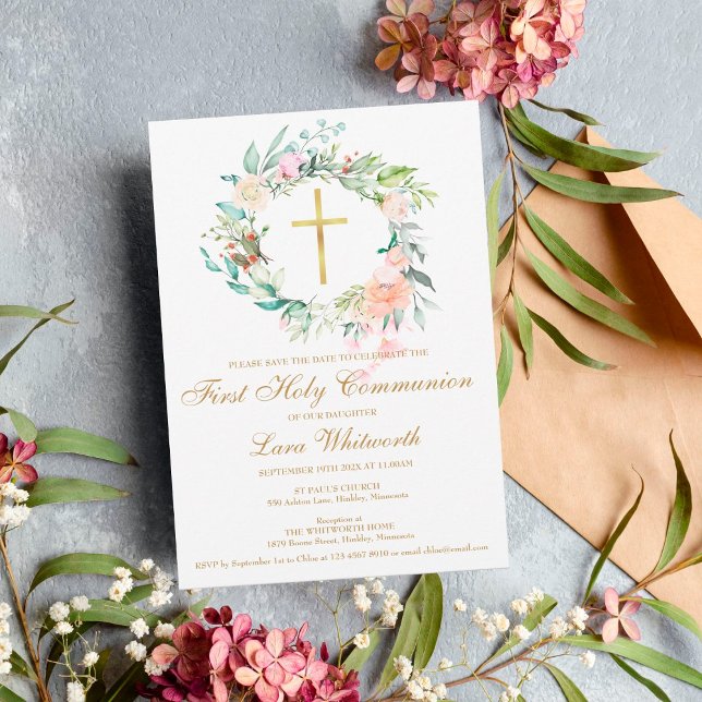 Save The Date Première Sainte Communion Croix Dorée Aquarelle Fl (Créateur téléchargé)