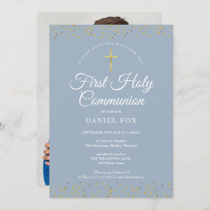 Save The Date Première Sainte Communion Dusty Blue Gold Dust Pho
